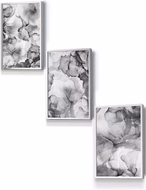 ARTZE Set of 3 Abstract Floral Fluid Wall Art in Grey with Silver Frames, W45 x H62 x D2 cm