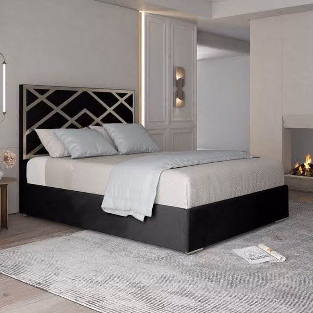 Casani Mayfair Upholstered Velvet Metal Bed Frame in Black, W/D/H: 200 x 189 x 127 cm – 1