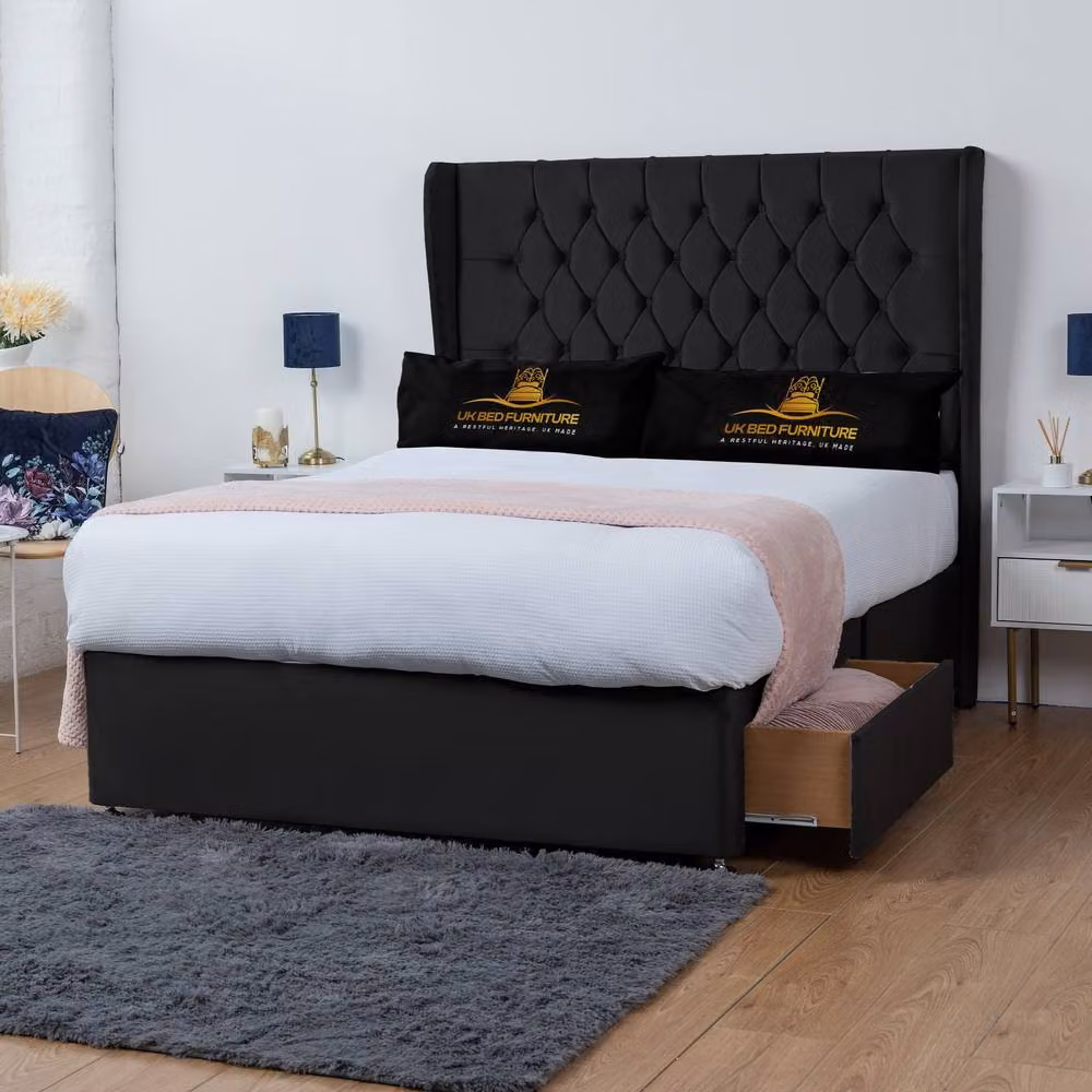 UK Bed Furniture Mary Winged Divan Bed Base with 54 Inch Buttoned Headboard in Black Velvet, W/D/H: 120 x 200 cm, Small Double – 2