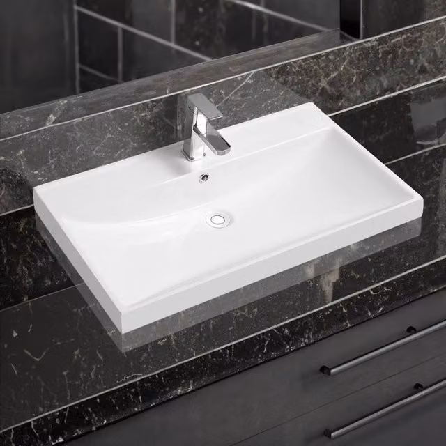 Limoge 5409 White Ceramic Rectangular Inset Bathroom Basin, W: 80 cm, D: 46 cm, H: 16.5 cm – 1