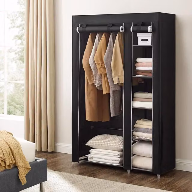 SONGMICS Double Canvas Wardrobe Clothes Storage Organiser, Black, H 175 x W 110 x D 45 cm