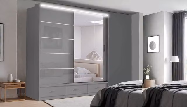 RAC3 Grey High Gloss LED Mirror Sliding Wardrobe with Integrated Drawers, W/H: 205 x 216 cm – 1