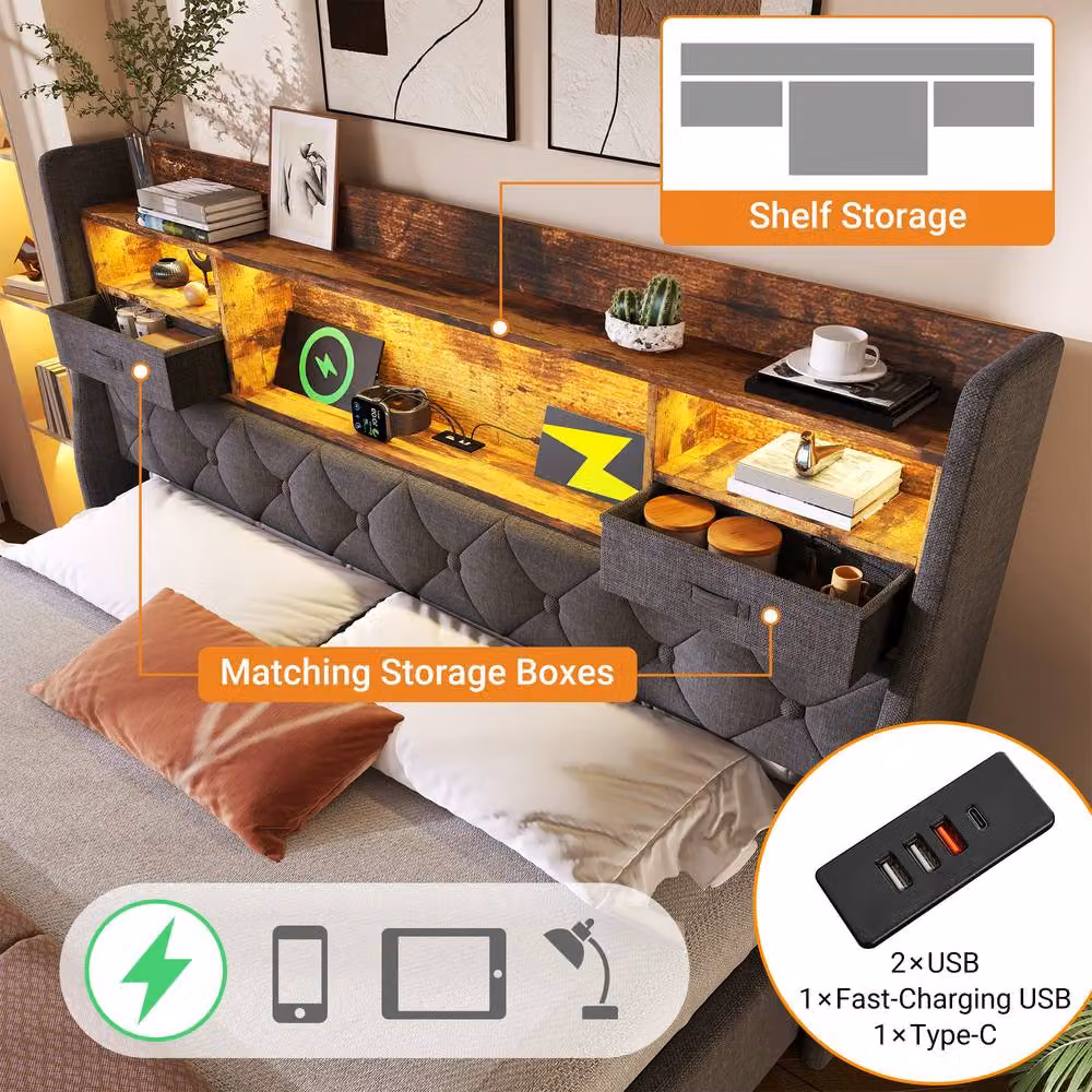 Merax Grey Upholstered Double Storage Bed with LED Headboard and USB Charging Port W/D/H: 135 x 190 x 116 cm – 3