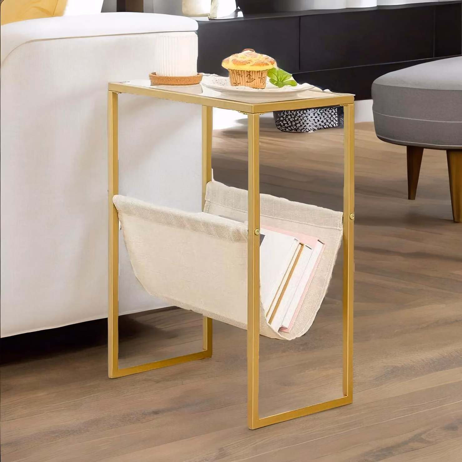 Rafaelo Mobilia Gold Sofa End Table with Fabric Magazine Holder and Glass Top W/D/H: 54.5 x 40 x 24 cm – 3
