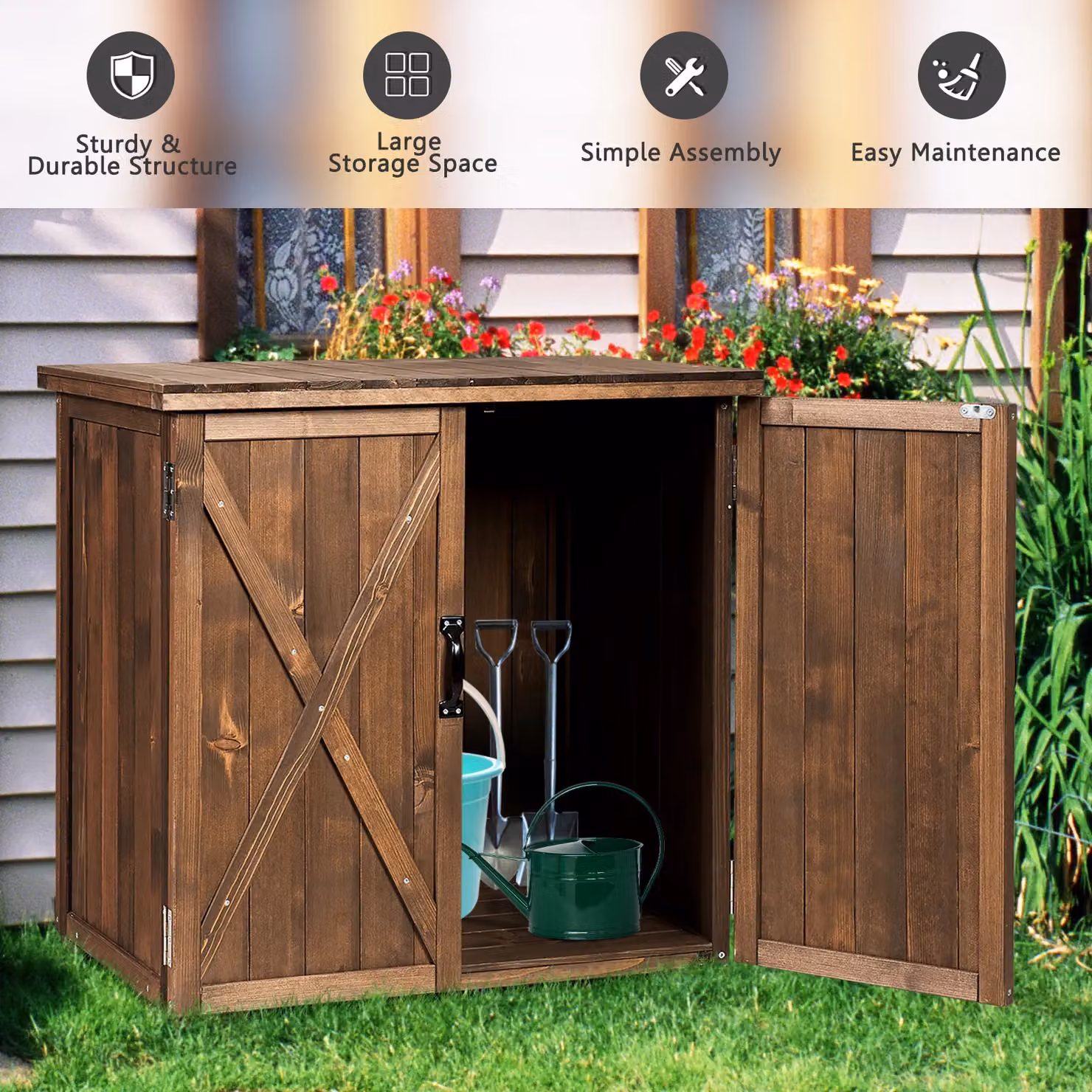 Gymax Rustic Wooden Outdoor Tool Cabinet with Double Hinged Doors, Brown – 5
