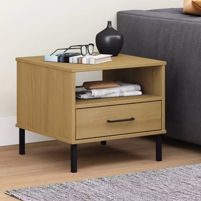 Berkfield Home Oslo Bedside Table in Brown Solid Pine Wood with Metal Legs – 1
