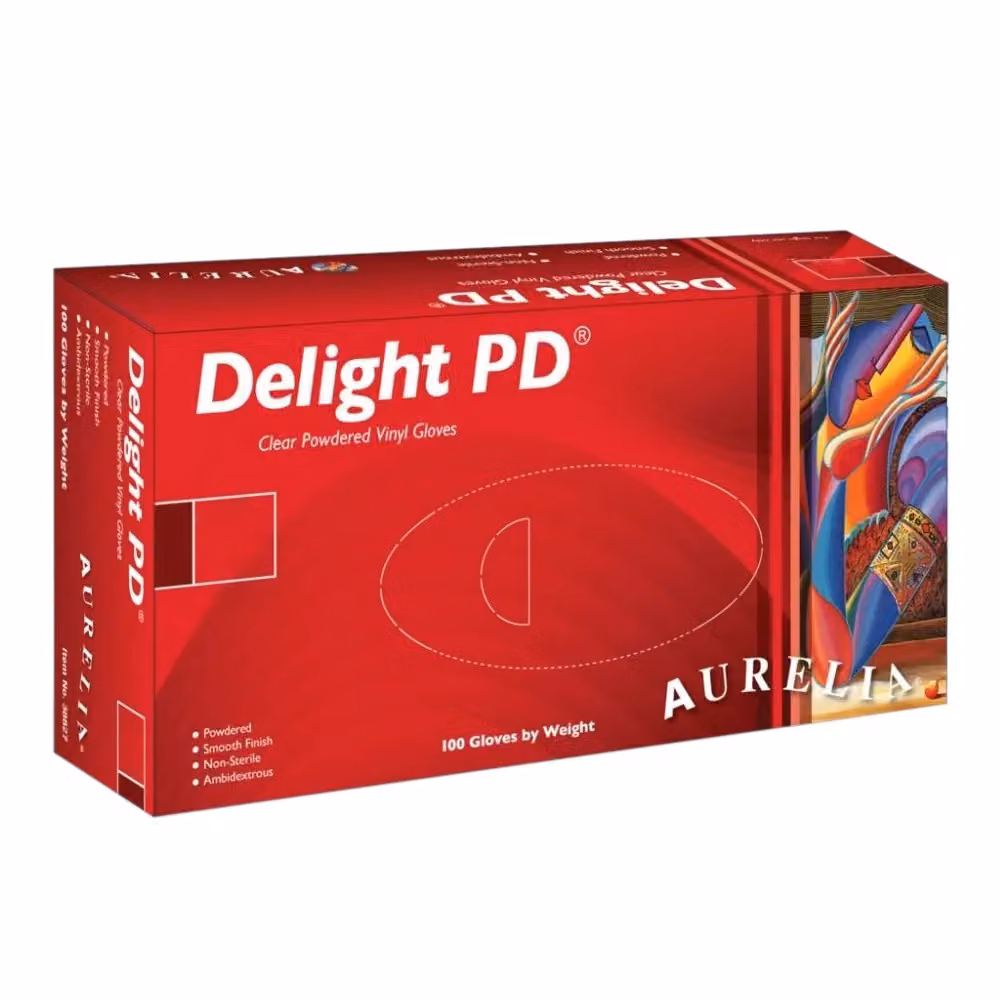 Aurelia Delight Clear Powdered Vinyl Gloves, Medium, Pack of 100 – 2