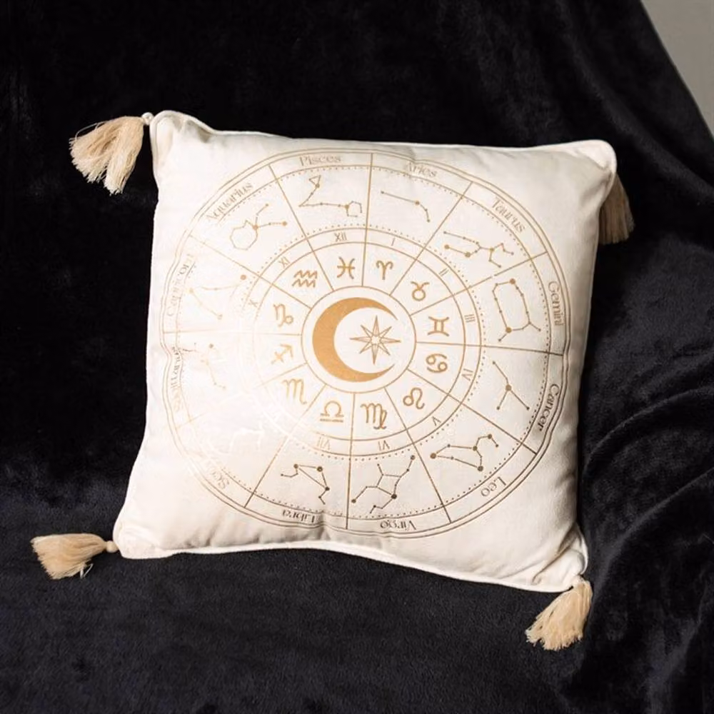 Uniqueful Astrology Wheel Square Cushion in White and Gold, W: 35 cm – 2