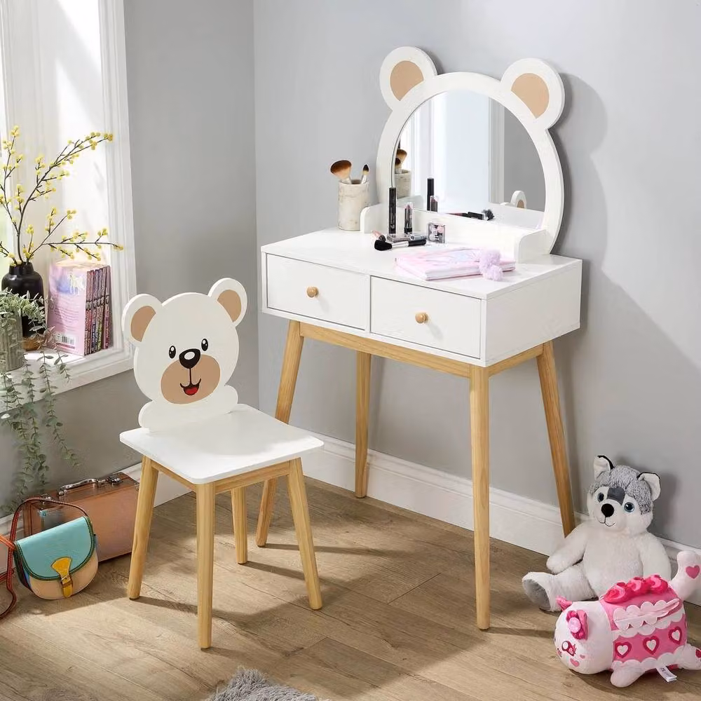 FORGEVIO 2 Drawer Dressing Table Set with Built-In Mirror and Stool in White – 2