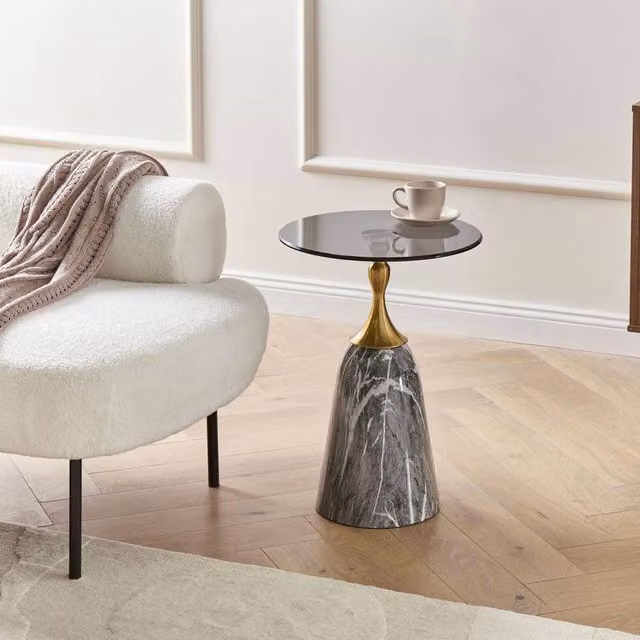 Wyld and Coco Grey Round Side Table with Tempered Glass Top and Marble-Effect Base, H 55 cm x W 40 cm x D 40 cm – 1