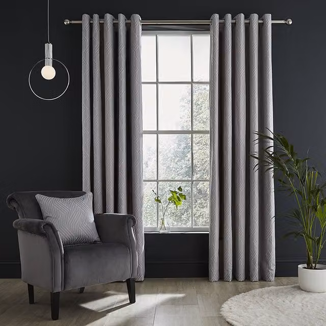 Catherine Lansfield Linear Geo Jacquard Ready Made Eyelet Curtains in Silver and Grey