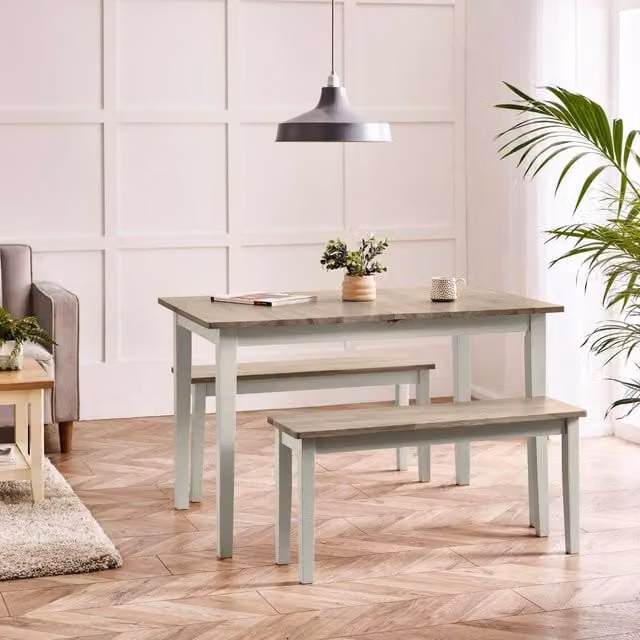FurnitureboxUK Salcombe Extending Light Grey Rubberwood Dining Table and 2 Tenby Benches