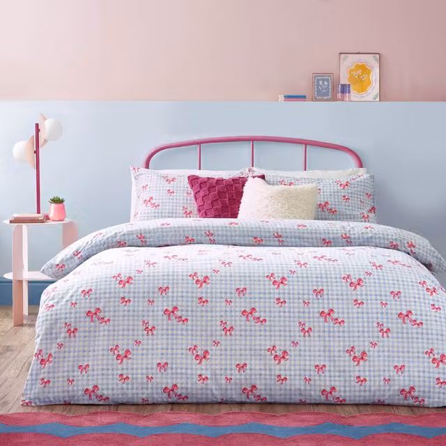 Heya Home Gingham Bows Checked Duvet Cover Set in Blue, 200 x 200 cm