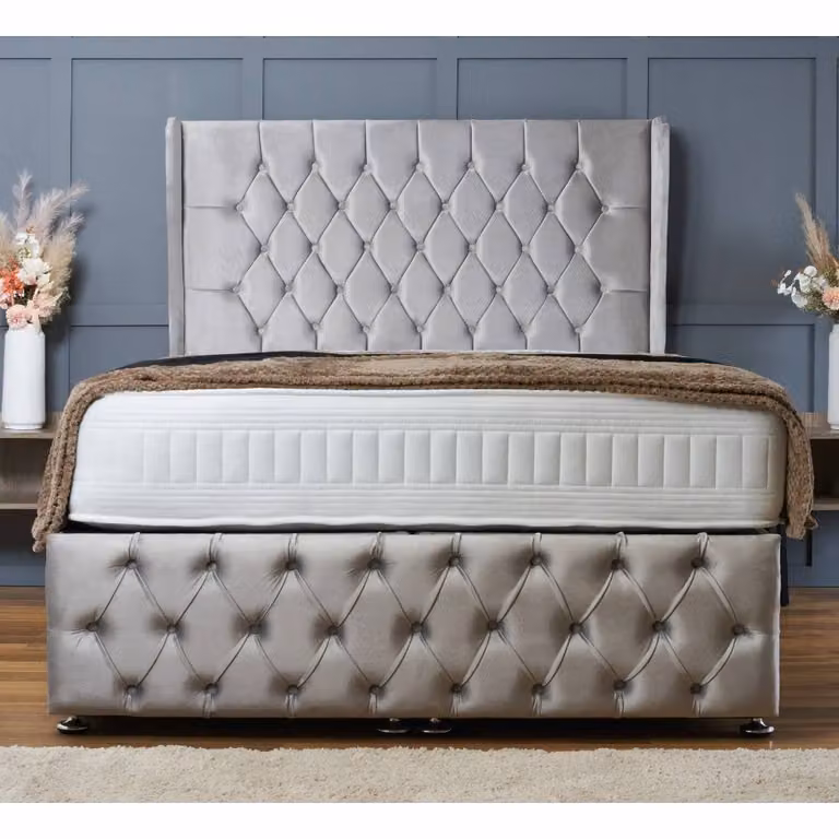 BSSPOKE Bella Ottoman Divan Bed with Mattress in Blue Plush Velvet, W/D/H: 180 x 200 cm