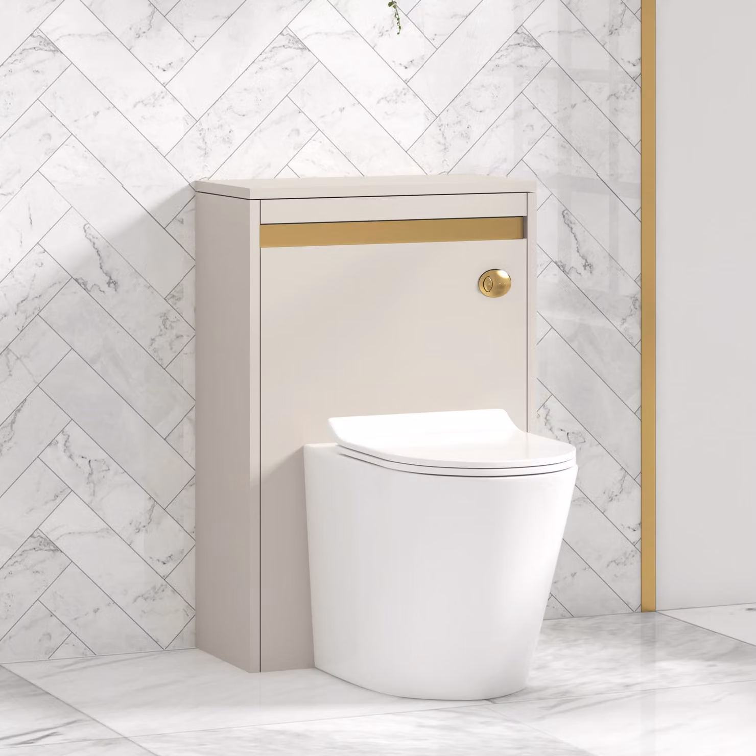 Royal Bathrooms Orion 540mm Warm Taupe Wall Mounted WC Unit with Cesar Rimless Ceramic Toilet Pan, Slim Seat and Cistern with Brushed Brass Accent Trim