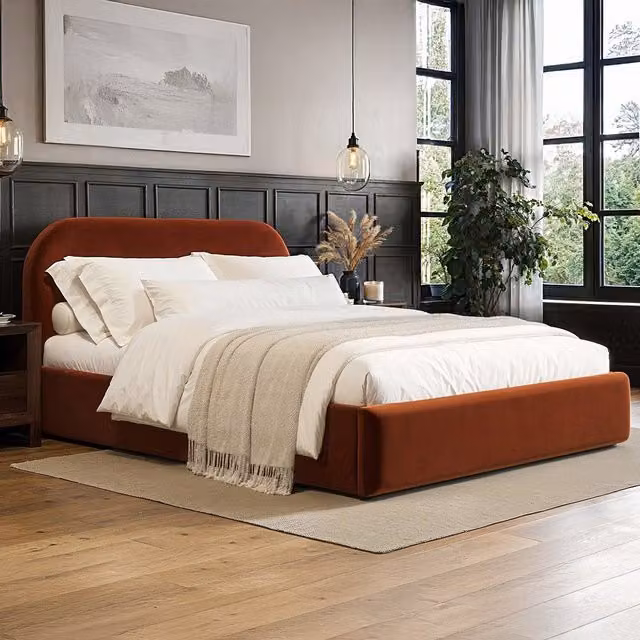 Alba Modern Upholstered Velvet Ottoman Bed in Burnt Orange, W/D/H: 180 x 200 cm