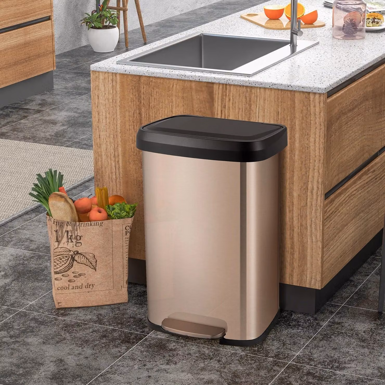 Costway 50L Stainless Steel Rectangular Step Trash Bin with Pedal in Rose Gold – 3