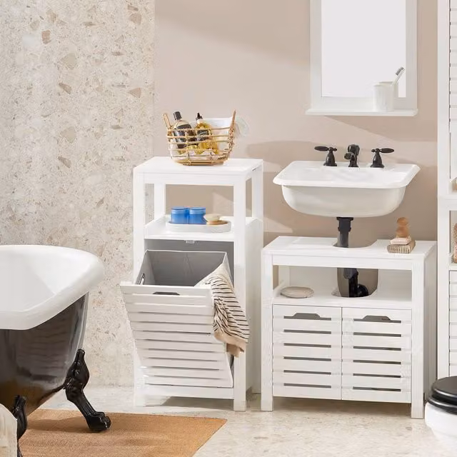 SoBuy Modern White Bathroom Tall Cabinet with Hinged Doors and Internal Shelves – 1