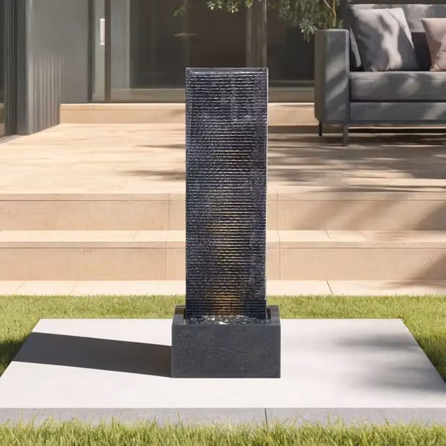 Livingandhome Modern Rectangular Stone Outdoor Wall Standing Cascade Water Feature in Black