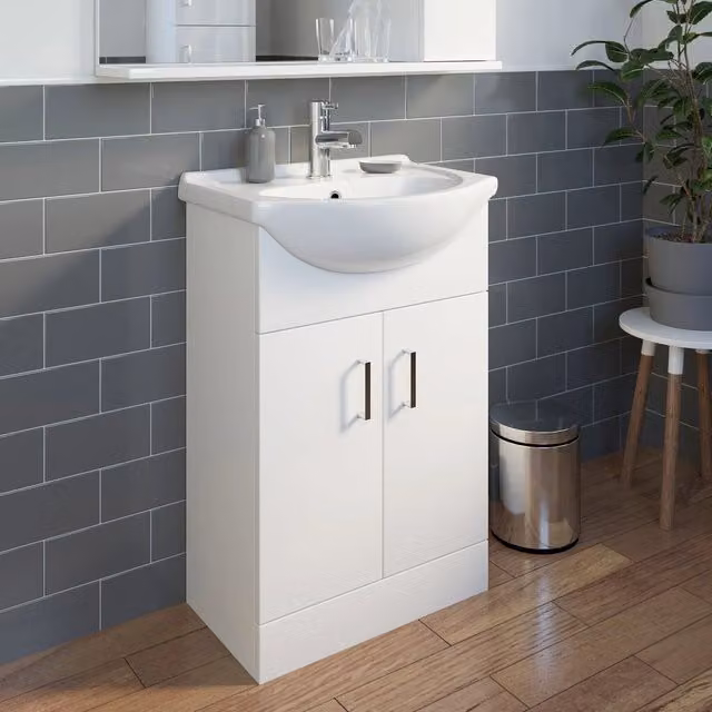 Bathwell Modern Freestanding White Glossy Vanity Unit with Soft-Close Hinged Doors and Internal Shelves