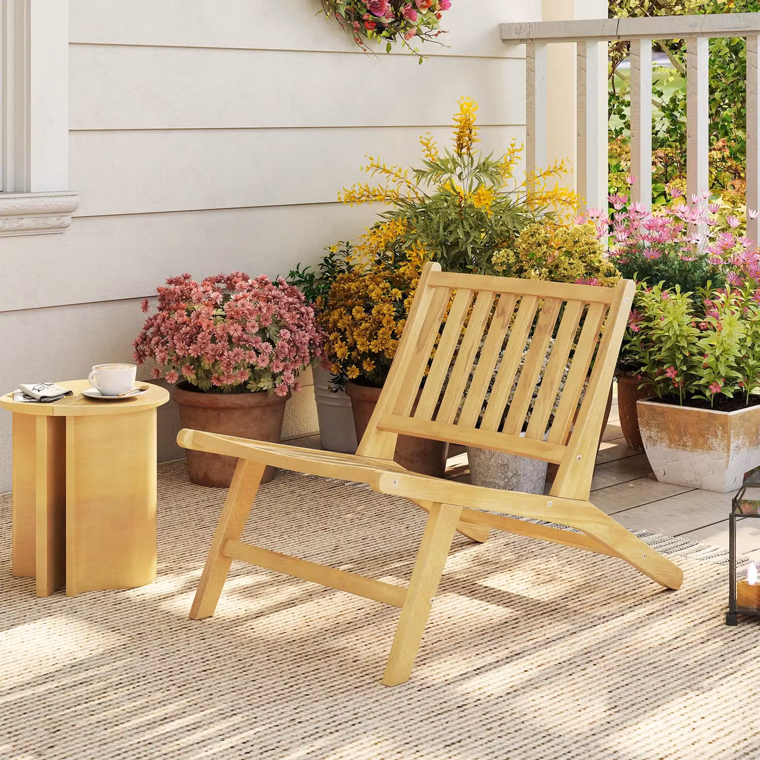 Gymax Mid Century Teak Wood Outdoor Reclining Accent Chair in Light Khaki – 2