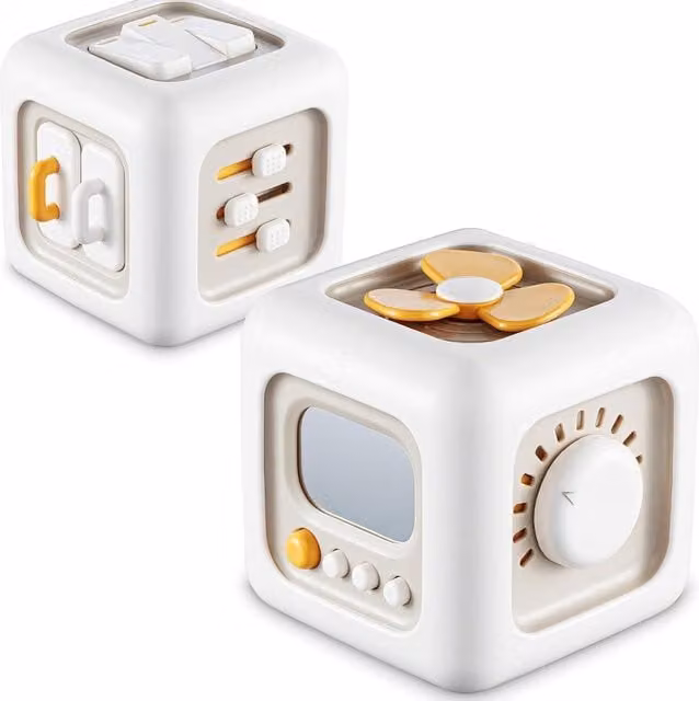 Dyzi Montessori Busy Cube Sensory Toy in White, BPA-Free Plastic for Motor and Cognitive Development