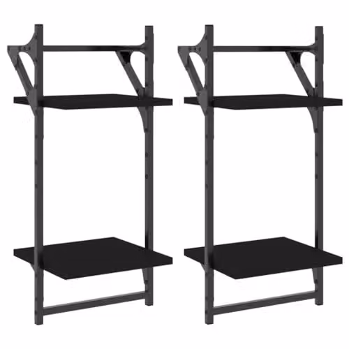vidaXL 2-Tier Wall Mounted Shelves with Bars, 2 Pieces, Black, W: 30 cm, D: 25 cm, H: 65 cm