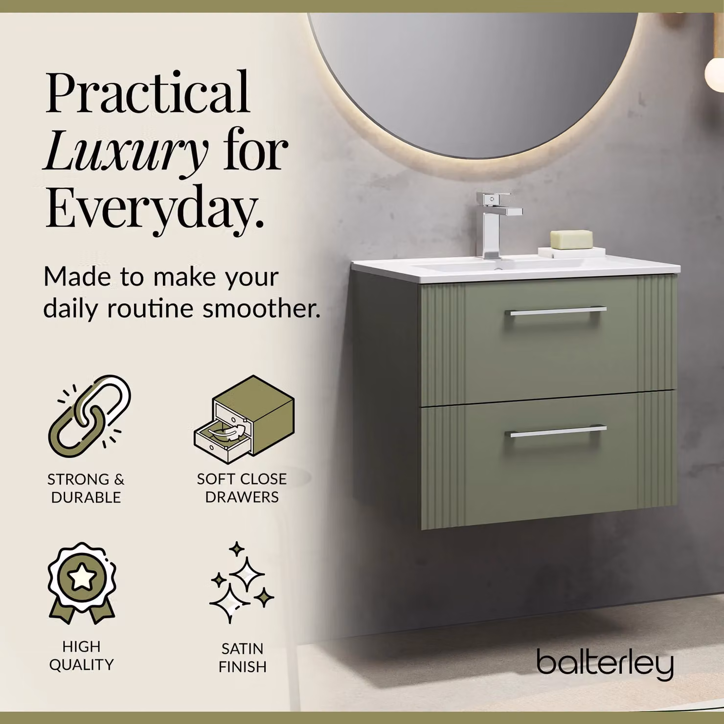 Balterley Wall Hung 2 Drawer Vanity Unit with Minimalist Basin, Satin Green, Width: 60 cm – 2