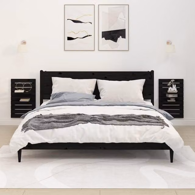 Berkfield Home Set of 2 Black Solid Pine Wall-mounted Bedside Shelves – 1