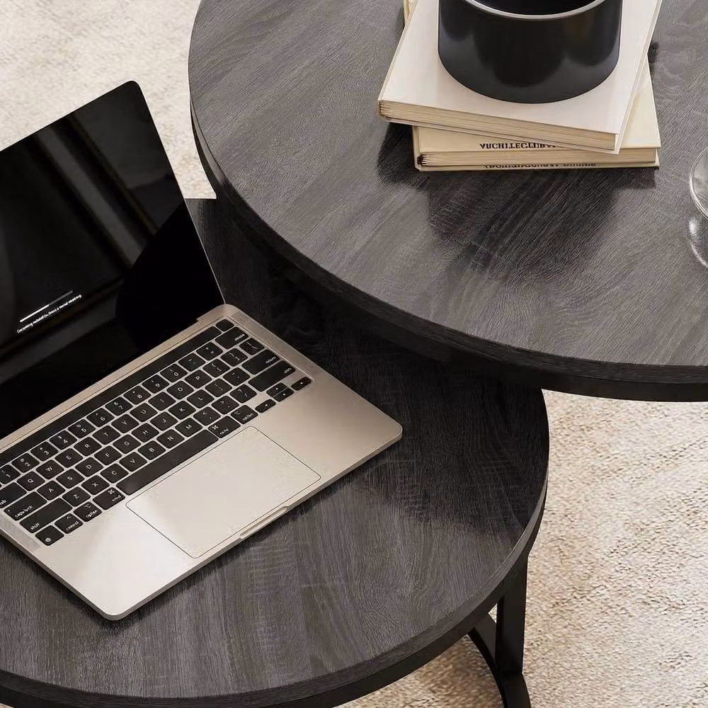 VOGREX Black Wood Grain Round Stacking Coffee Tables with Steel Frame, Set of 2 – 4