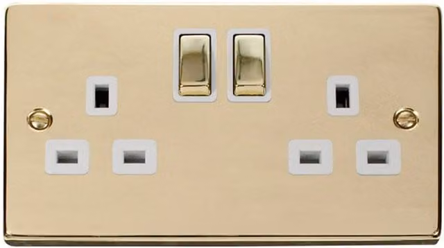SE HOME Polished Brass and White Flush Double Switched Socket with Ingot Plate