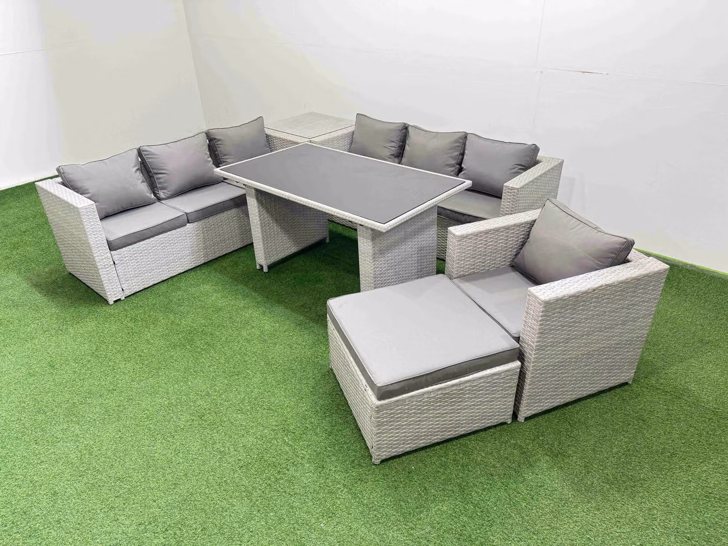 Fimous L-Shape Patio Garden Furniture Set in Light Grey with 2-Seater Sofa, Coffee Table and Ottoman