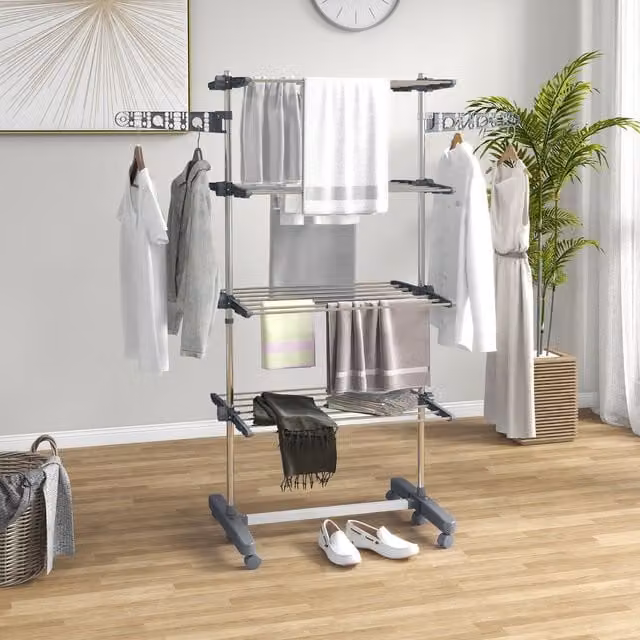 HOMCOM Large Stainless Steel Clothes Drying Rack with Wing Arms and Wheels, Grey