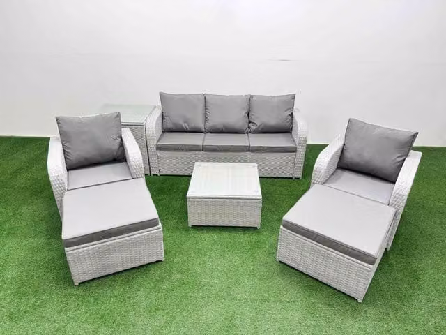 Fimous PE Rattan Garden Furniture Set in Light Grey with 3-Seater Sofa, Reclining Armchairs, Coffee Table and 2 Ottomans