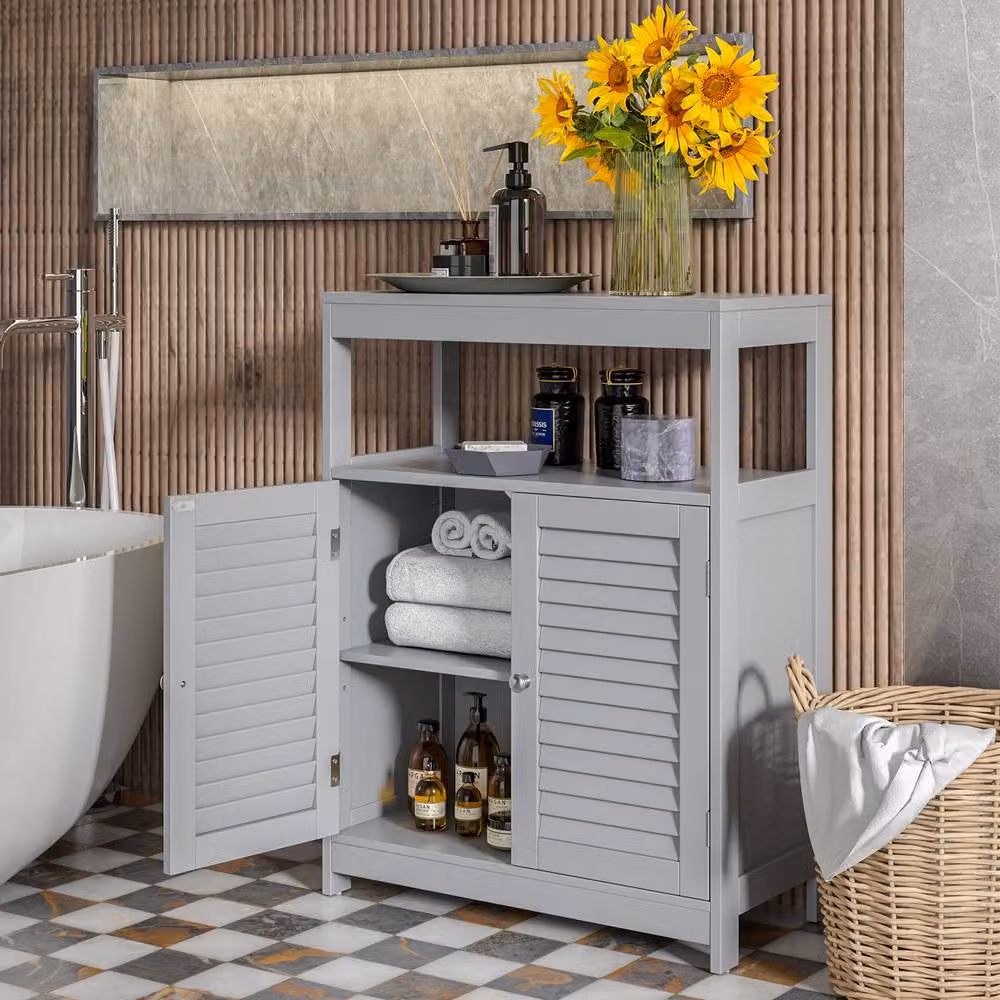 Gymax Freestanding Grey Bathroom Cabinet with Roll Shutter Doors and Internal Shelves – 5