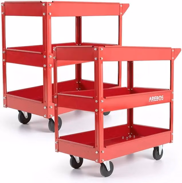AREBOS Set of 2 Rollable Steel Workshop Tool Trolleys with 3 Shelves, Red
