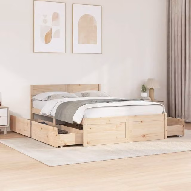 Berkfield Home Double Bed Frame in Brown Solid Pine, W/D/H: 135 x 190 cm