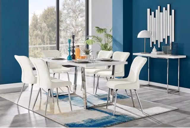 FurnitureboxUK Kylo White High Gloss Rectangular Dining Table with 6 Nora Cream Chairs and Silver Legs