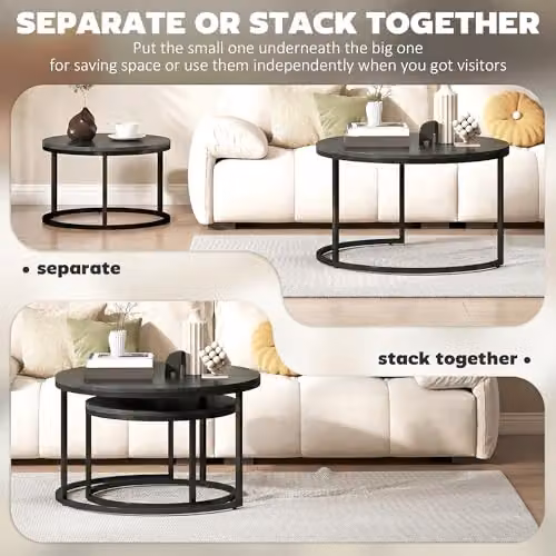 HOMCOM Set of 2 Round Nesting Coffee Tables in Black Wood Grain, W/D/H: 78.5 x 78.5 x 46.5 cm – 5
