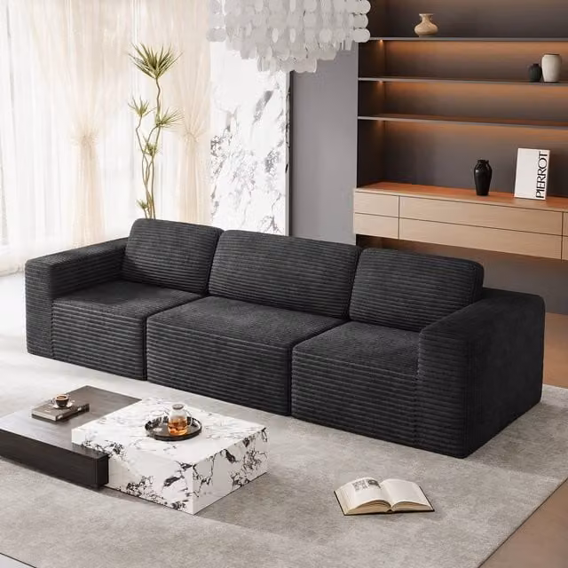Dprodo Black Corduroy Modular L-Shape Sofa with Matching Ottoman and Removable Covers