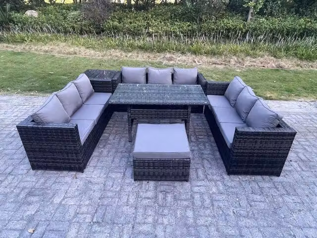 Fimous 10 Seater Outdoor Rattan Garden Furniture Set with Dining Table, Footstool and Side Table in Dark Grey
