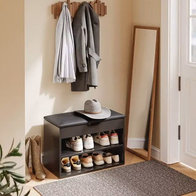 SoBuy Modern Black Hallway Shoe Rack and Entrance Bench with Synthetic Leather Padded Seat – 1