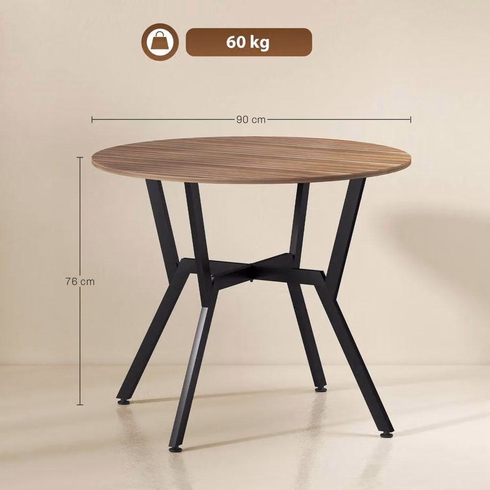 Wyld Haus Doveno Round Dining Table with Brown Wood Effect Top and Black Metal Frame, Diameter: 90 cm, Height: 76 cm – 4
