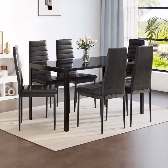 Komore Modern Black Tempered Glass Rectangular Dining Table and 6 PU Leather Chairs Set