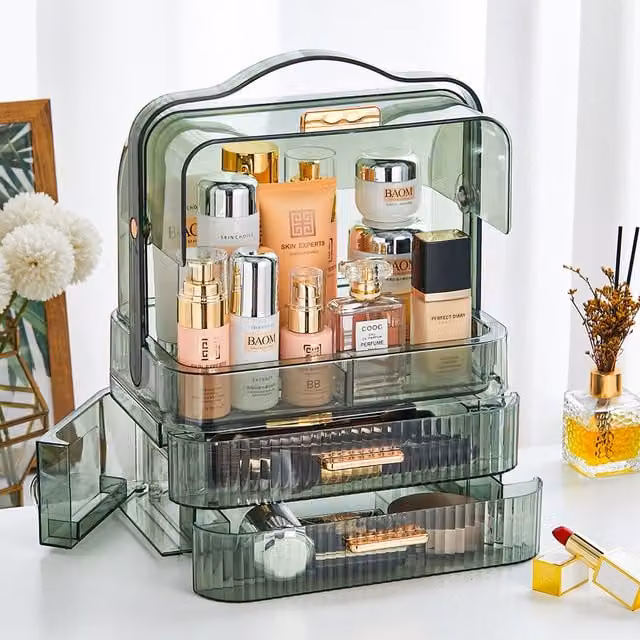 Livingandhome Transparent Green Plastic Cosmetic Organiser with Handles, W/D/H: 34.7 x 18.2 x 26.5 cm