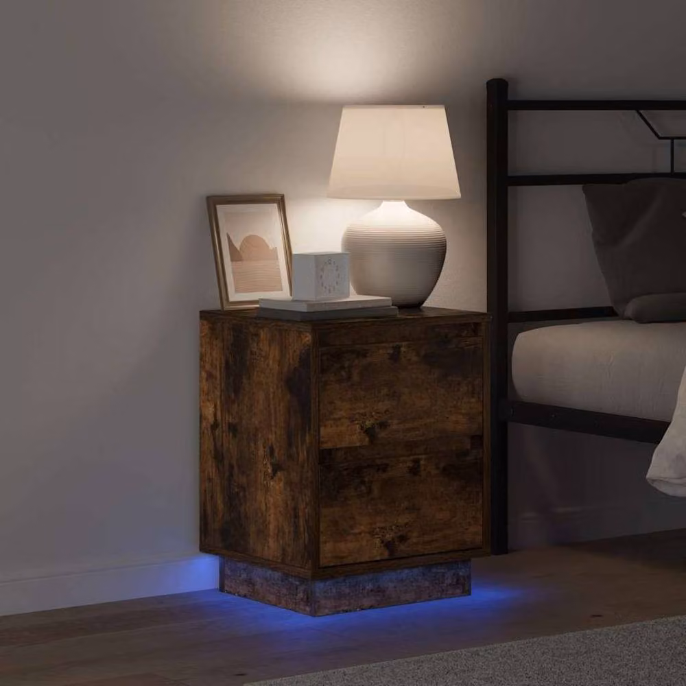Berkfield Home Modern Bedside Cabinet with Integrated LED Lights and Soft Close Drawers in Smoked Oak, W/D/H: 39 x 34.5 x 50 cm – 4