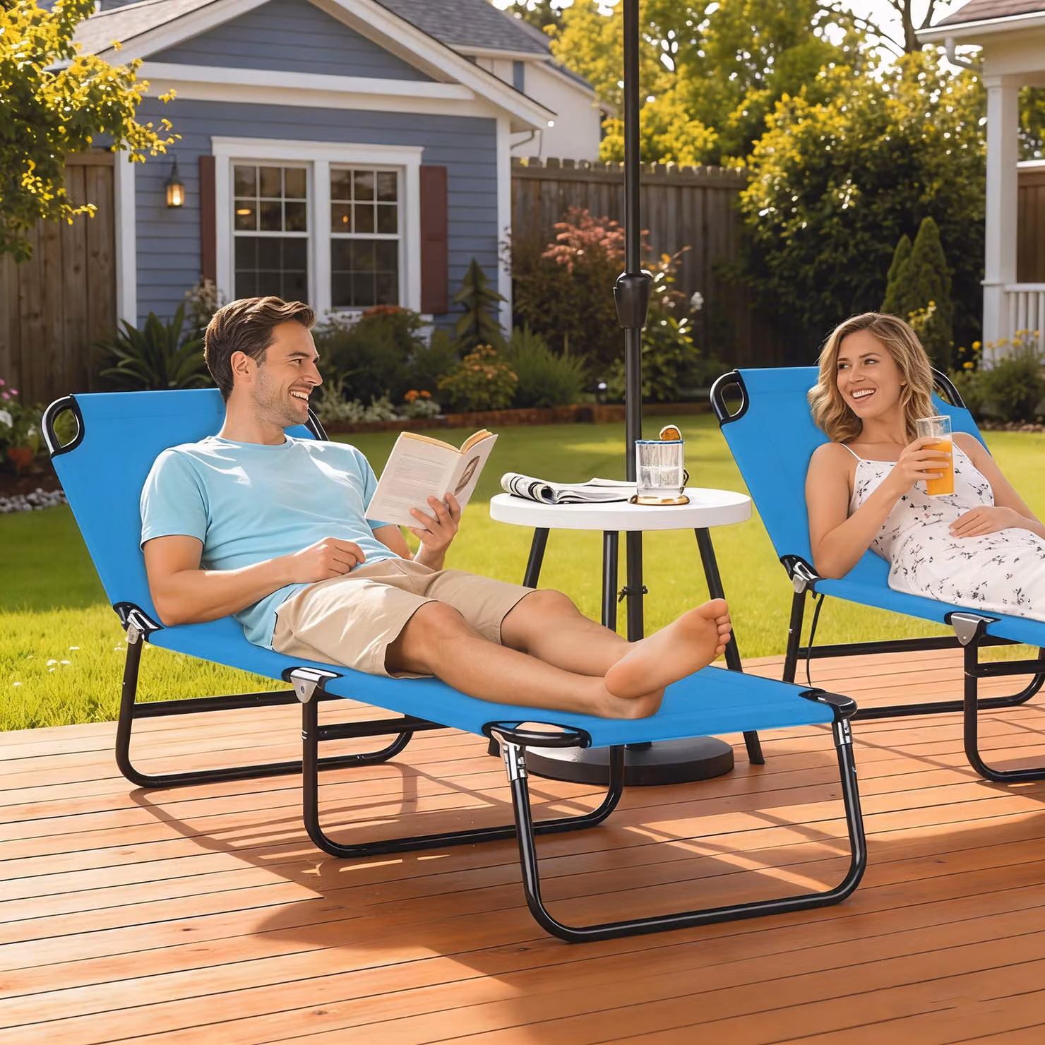 Outsunny Garden Sun Lounger with Five-Position Backrest in Blue – 2