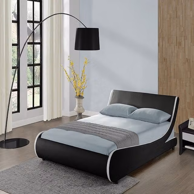 GRS Quest Upholstered Leather Bed Frame with White Stripes in Black, W/D/H: 140 x 200 cm