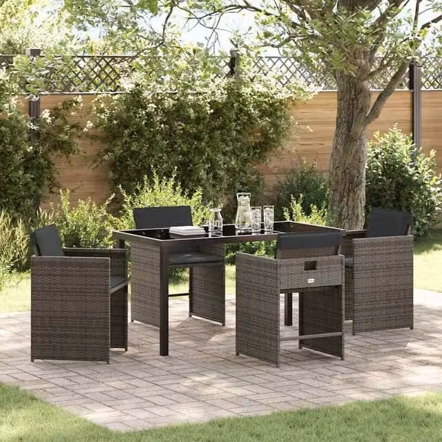 Berkfield Home 5 Piece Grey Poly Rattan Garden Dining Set with Glass Top Table
