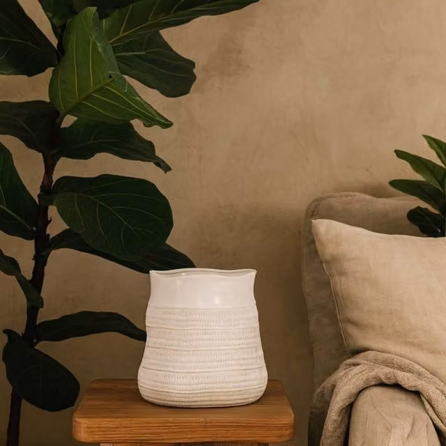 Wyld Haus Saffron Wide Hewn Ceramic Vase with Textured Scandi Pattern in White, H 26.0 cm x W 26.0 cm x D 26.0 cm
